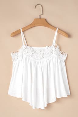 image-White Lace Splicing Spaghetti Straps Ruffle Flared Tank Top
