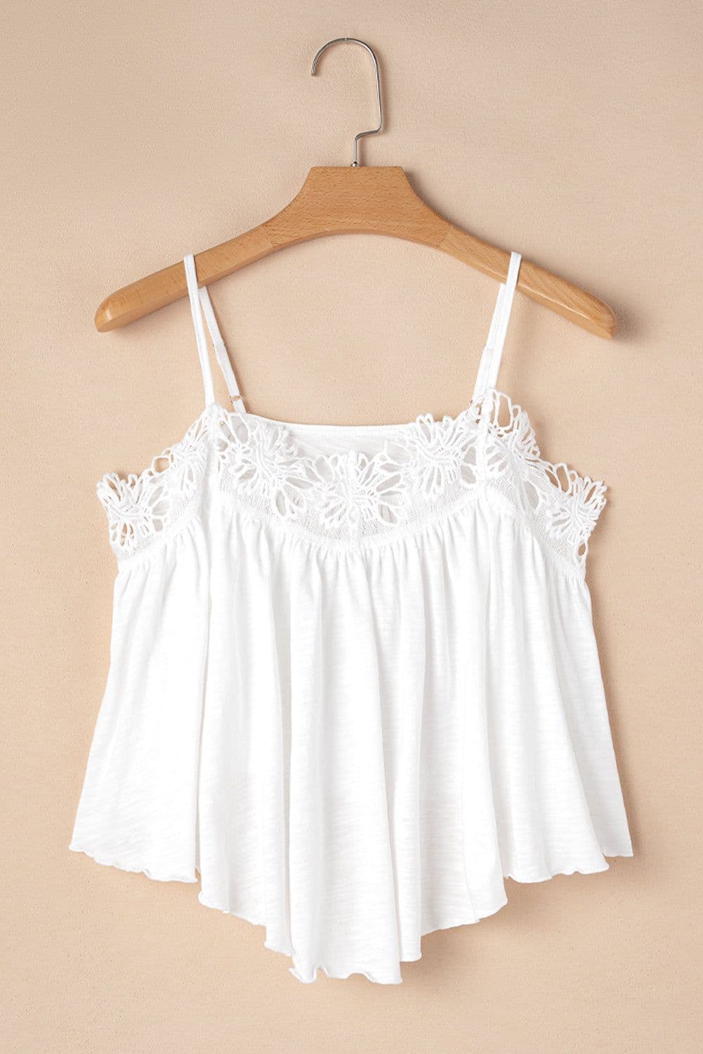 image-White Lace Splicing Spaghetti Straps Ruffle Flared Tank Top