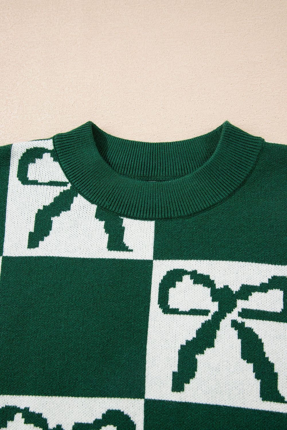image-Blackish Green Checkered Bow Print Casual Sweater