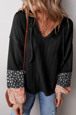 image-Dusty Pink Floral Patchwork Knit Blouse V-Neck