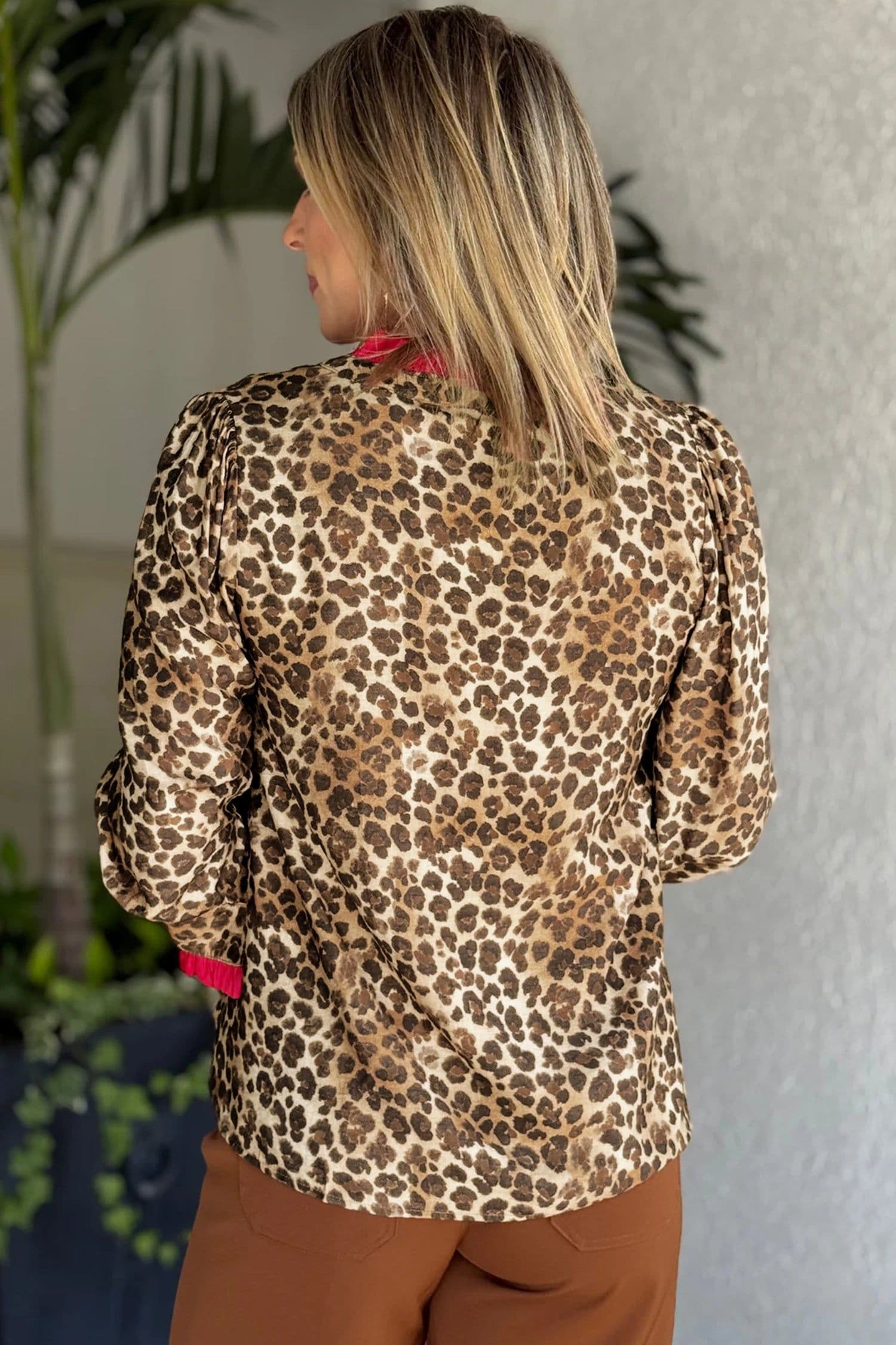 image-Brown Leopard Print V Neck Ruffle Trim Shirt