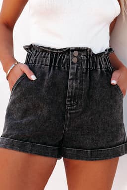 image-Vintage Washed Frilled High Waist Denim Shorts - Black (60 chars)