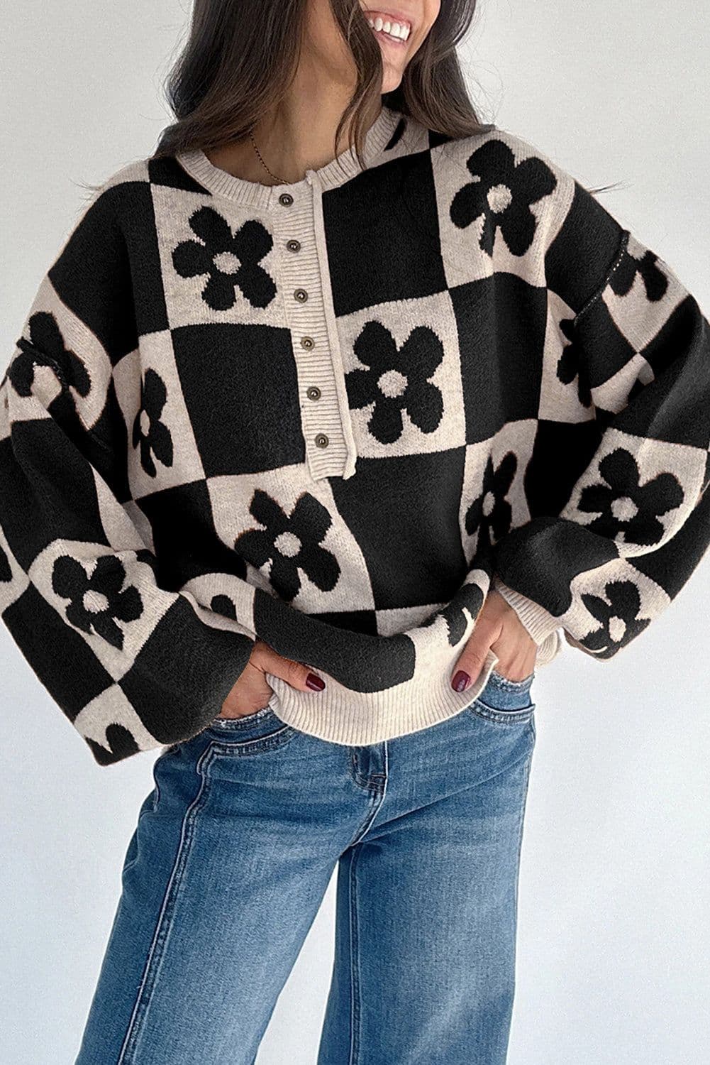 image-Thai Curry Flower Plaid Henley Baggy Sweater