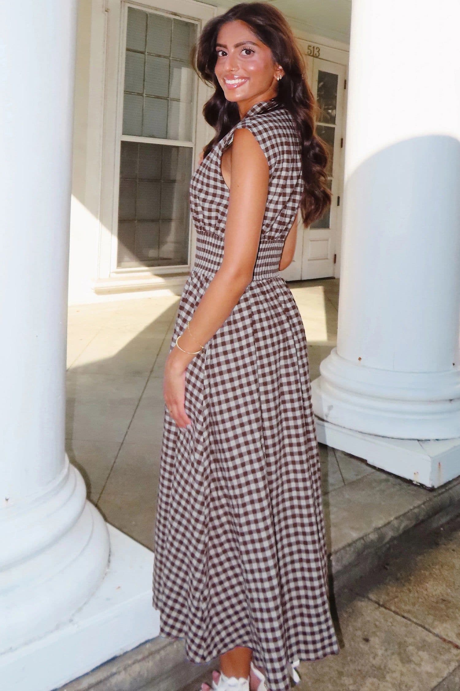 image-Coffee Plaid Print Full Zipper Cinched Waist Fit Flare Sleeveless Maxi Dress