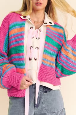 image-Rose Stripe Colorful Puff Sleeve Drop Shoulder Loose Cardigan