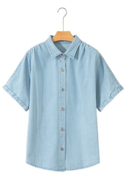 image-Sky Blue Stripe Short Sleeve Button Up Shirt
