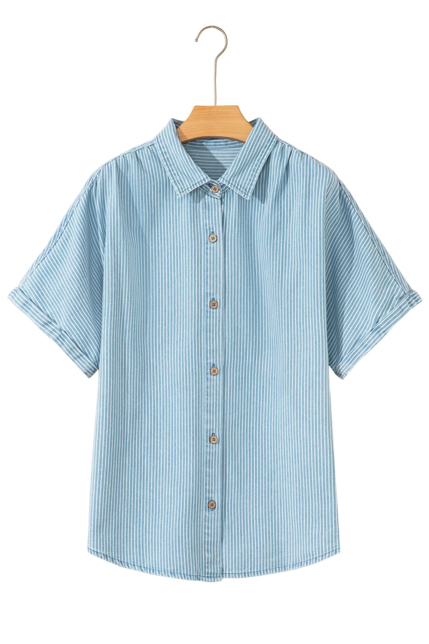 image-Sky Blue Stripe Short Sleeve Button Up Shirt