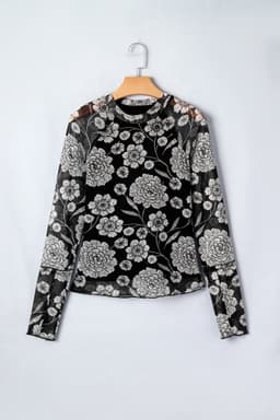 image-Black Thumbhole Long Sleeve Floral Print Mesh Top