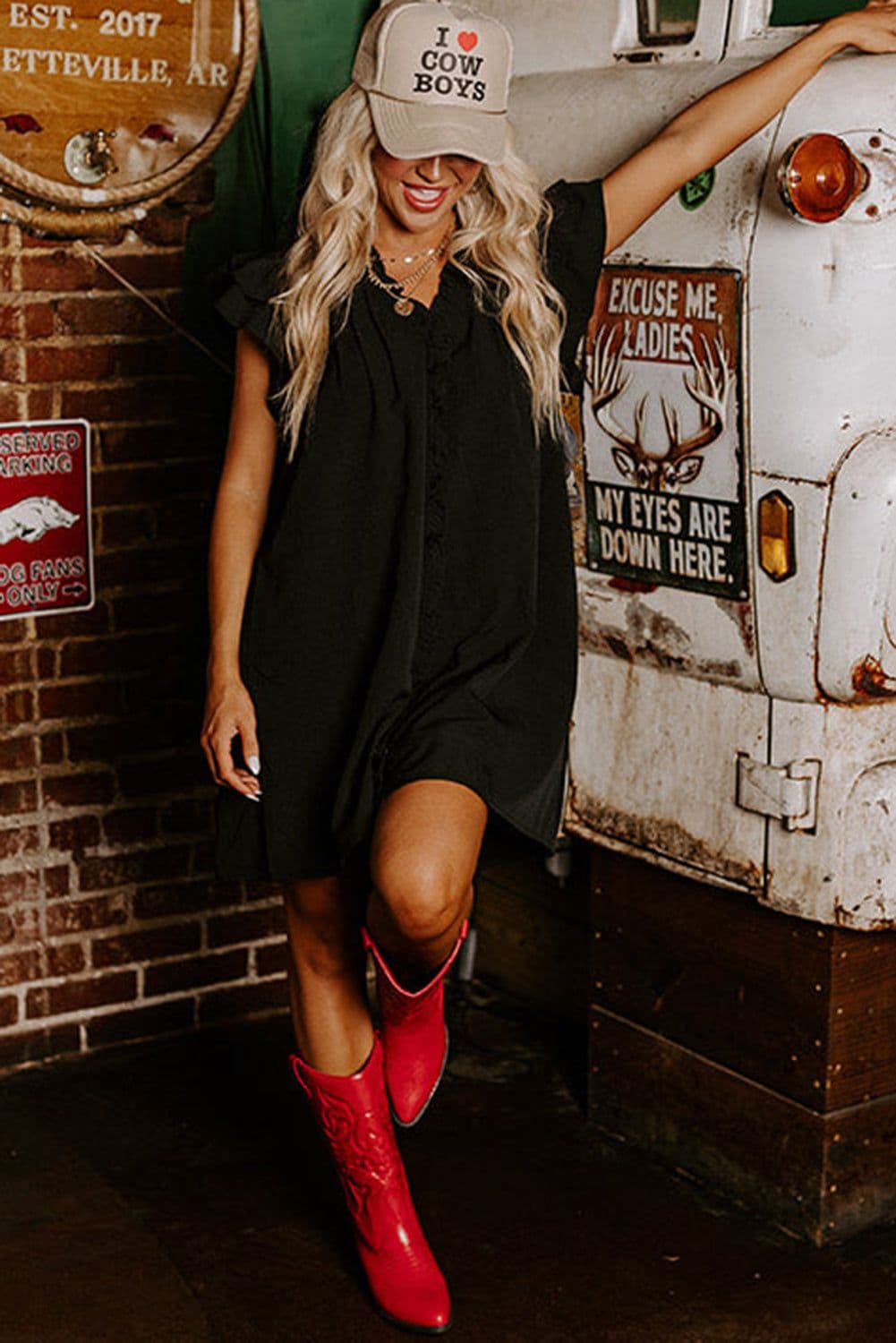 image-Black Ruffle Sleeve V Neck Frilled Shift Dress