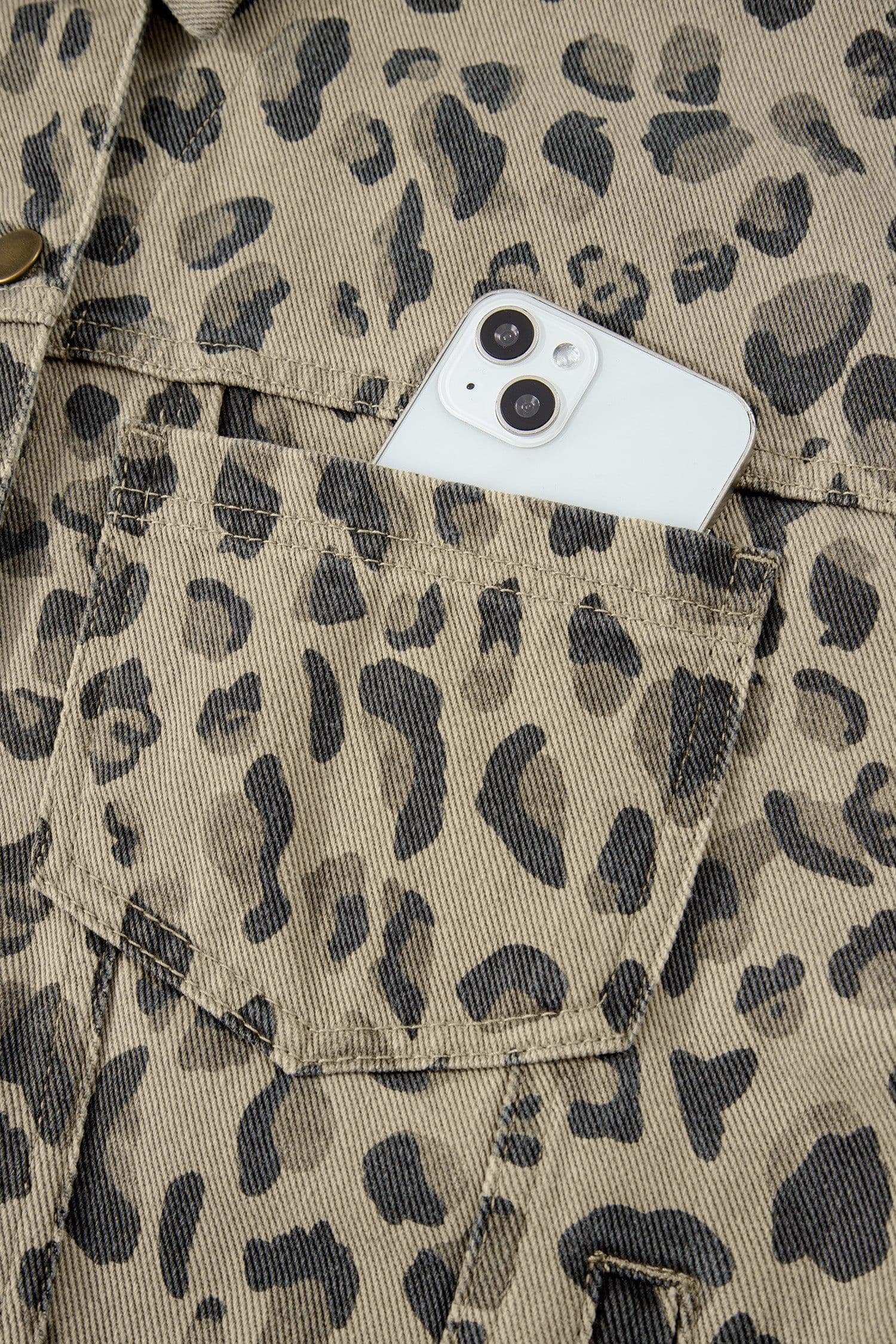 image-Khaki Retro Leopard Print Seam Detail Button Down Denim Jacket