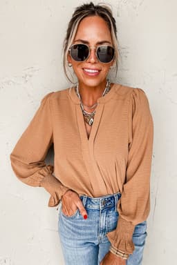 image-Rose Red Shirred Cuff V Neck Blouse - Elegant Notch Design (62 characters)