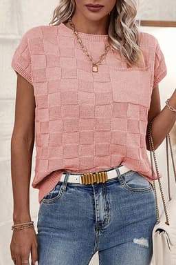 image-Pink Lattice Textured Knit Short Sleeve Sweater - Sizes S-3XL