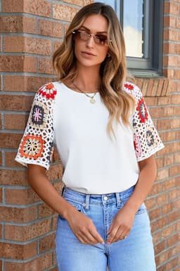 image-White Floral Crochet Top - Short Sleeve, Chic Round Neck, Relaxed Fit