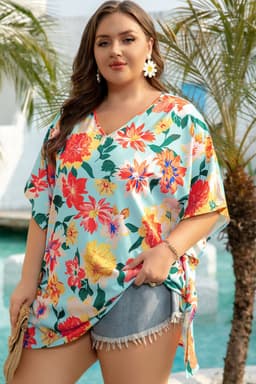 image-Sky Blue Plus Size Floral Print V Neck Blouse