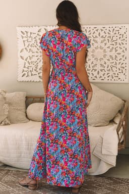 image-Blue Floral V Neck Wrap Split Maxi Dress