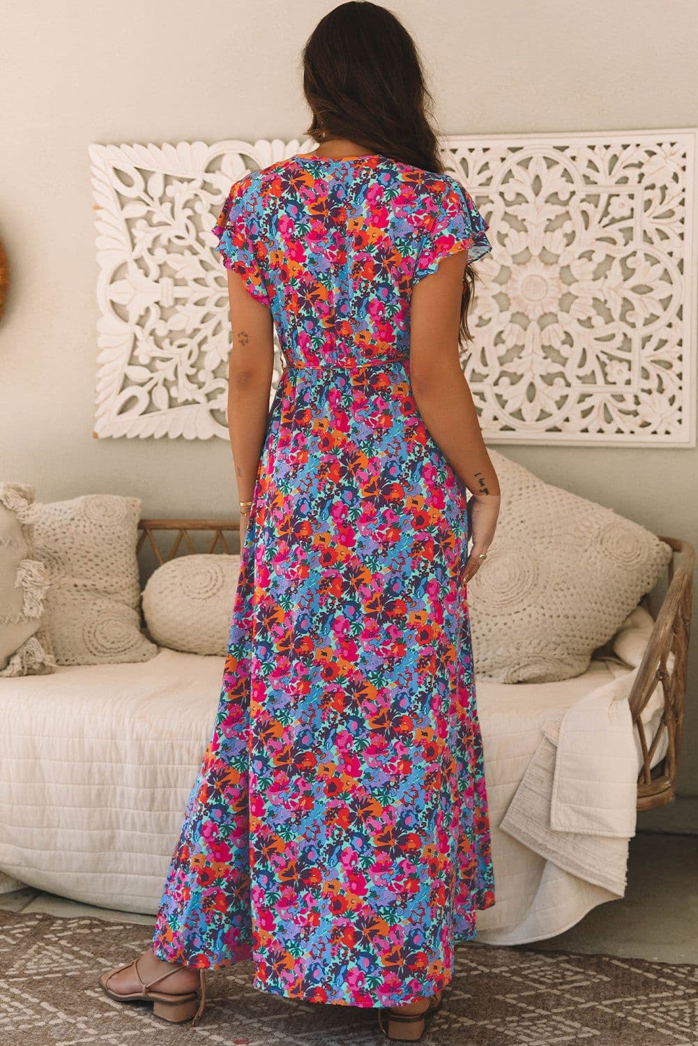 image-Blue Floral V Neck Wrap Split Maxi Dress