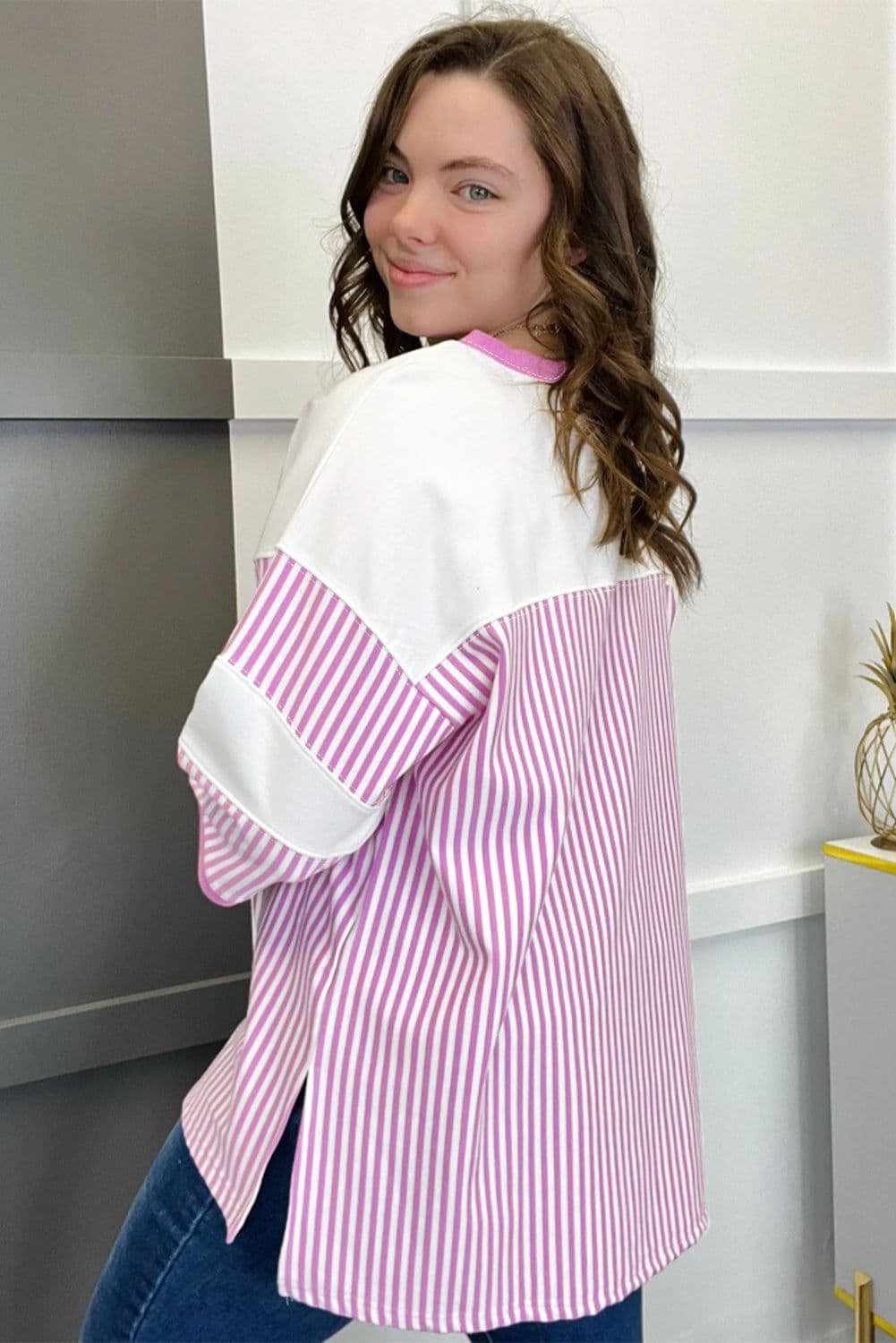 image-Pink Stripe Patchwork Plus Size T-Shirt