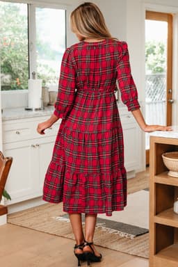 image-Red Christmas Plaid V Neck 3/4 Sleeve Tie Waist Dress