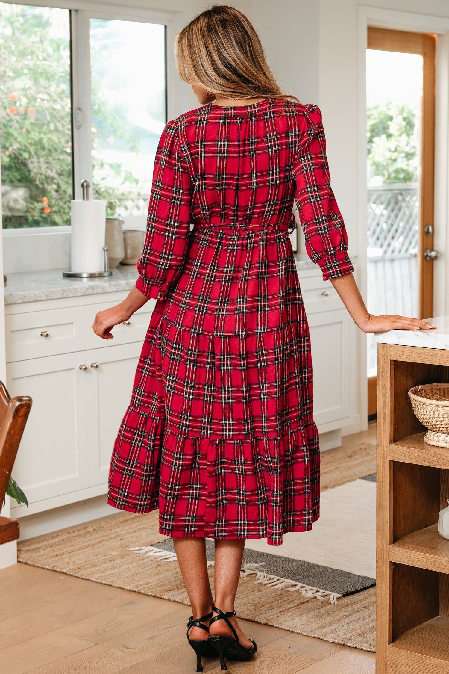 image-Red Christmas Plaid V Neck 3/4 Sleeve Tie Waist Dress