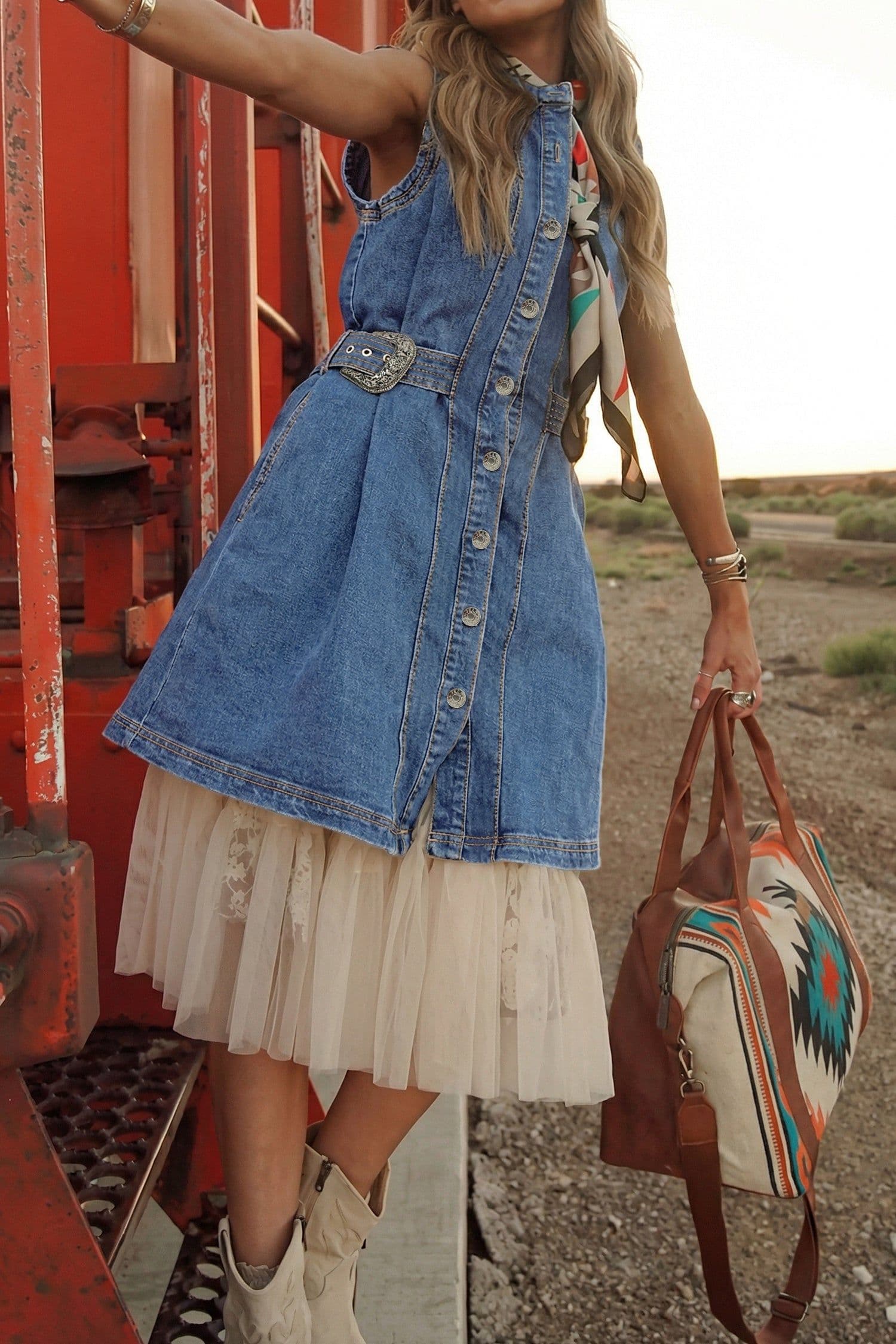 image-Myosotis Western Belt Button Down Sleeveless Denim Short Dress