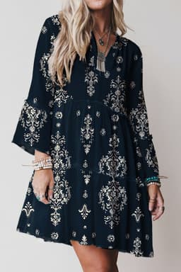 image-Sky Blue Boho Floral Print Mini Dress 3/4 Sleeve