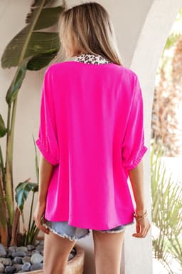 image-Black Dolman Half Sleeve Leopard Patchwork V Neck Blouse