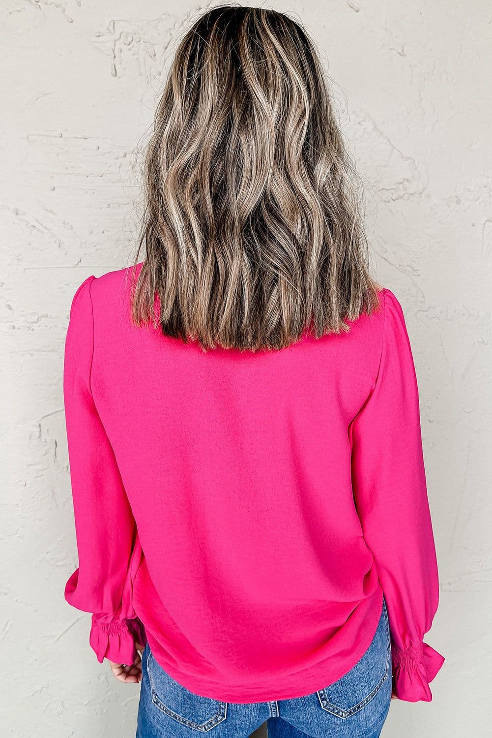 image-Rose Red Shirred Cuff V Neck Blouse - Elegant Notch Design (62 characters)
