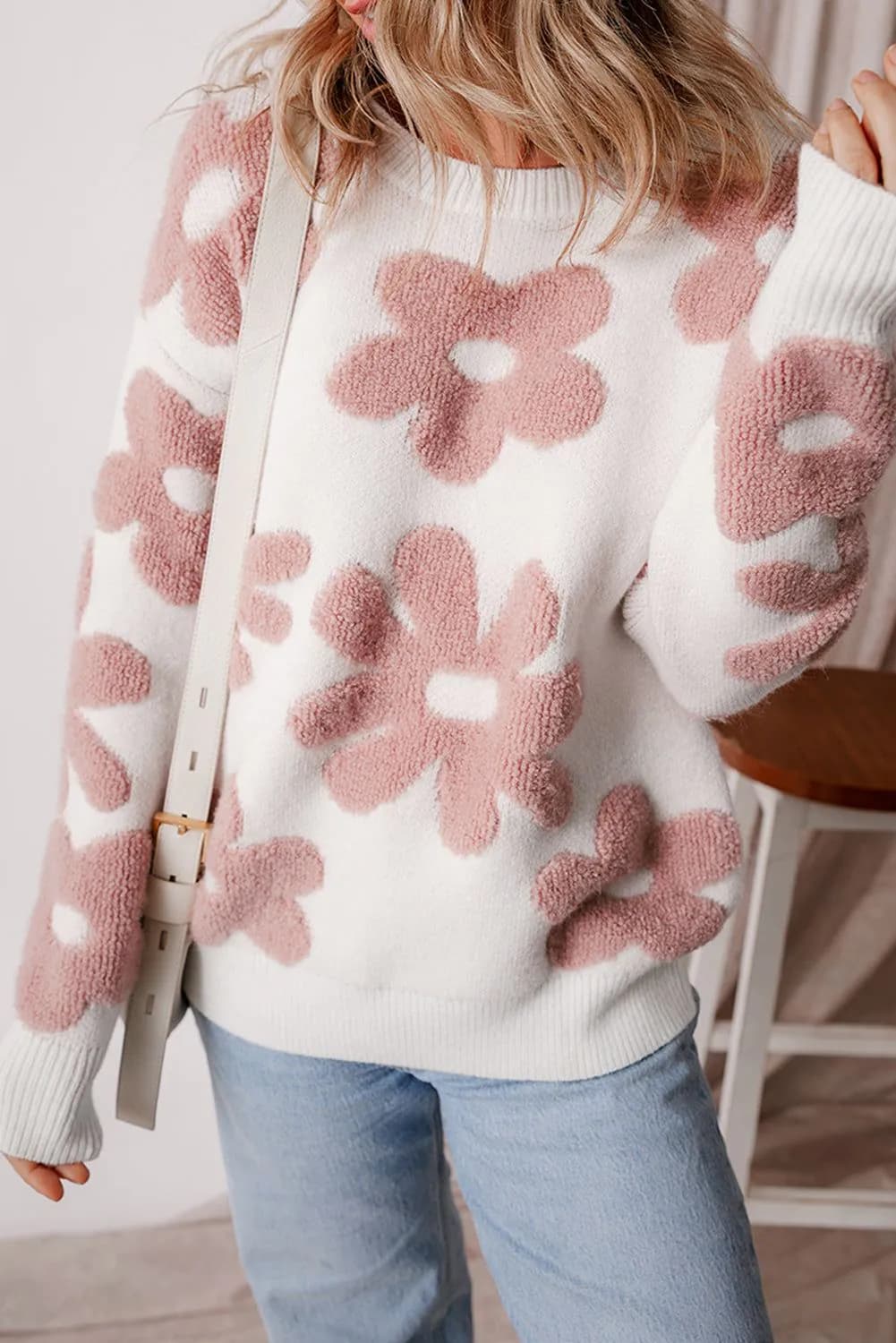 image-White Textured Flower Drop Shoulder Loose Sweater