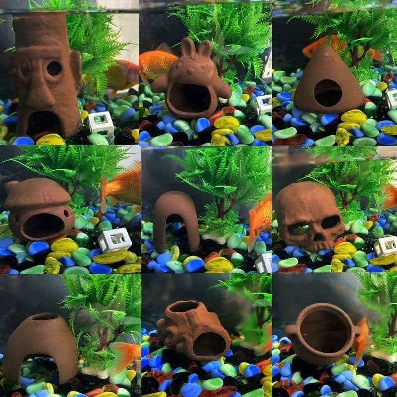 image-Large Ceramic Aquarium Decoration Fish Shrimps Shelter House Pottery Scorpion House Canister Simulation Stone Fish Tank Decors