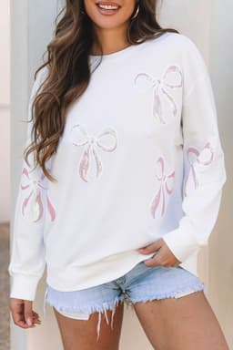 image-Bow Valentine Drop Shoulder Loose Beige Sweatshirt