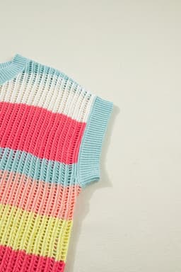 image-Green Stripe Color Block Hollow Out Knit Short Sleeve Sweater
