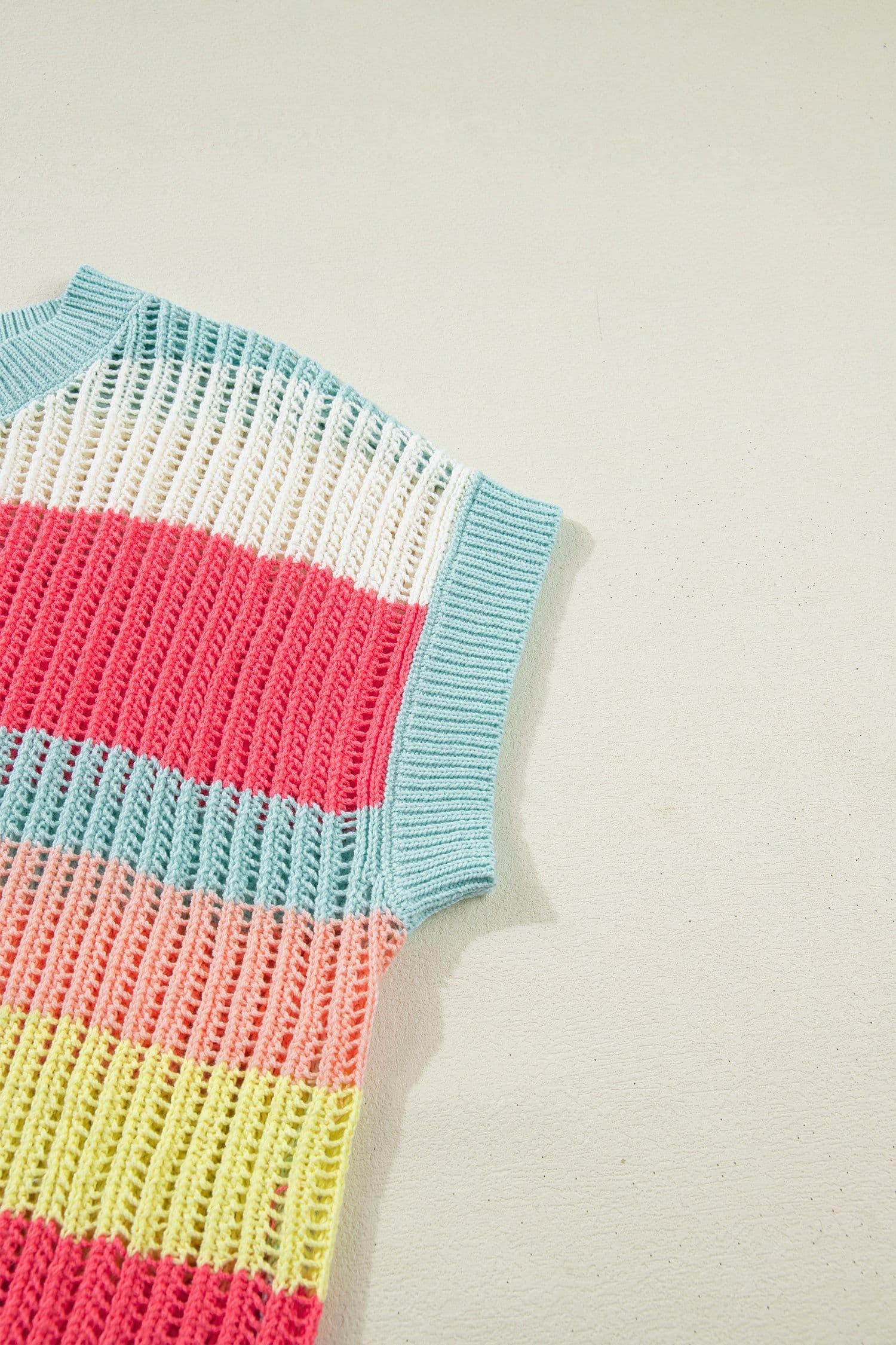 image-Green Stripe Color Block Hollow Out Knit Short Sleeve Sweater