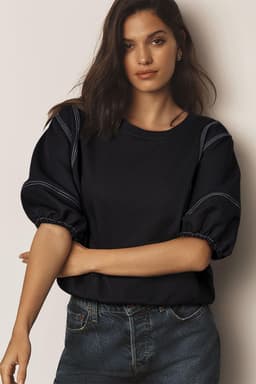 image-Black Puffy Half Sleeve Blouse with Contrast Stitches - Relaxed Fit