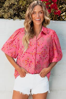 image-Rose Red Floral Print Shirt - Wide Short Sleeve Loose