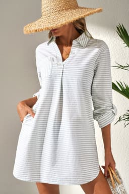 image-White V-Neck Beach Cover Up with Stripe Collar & Long Sleeves - Sizes S-2XL
