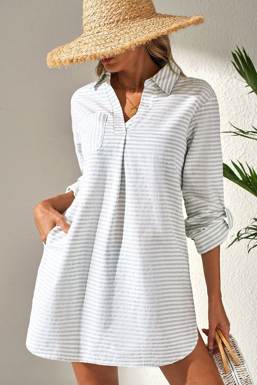 image-White V-Neck Beach Cover Up with Stripe Collar & Long Sleeves - Sizes S-2XL