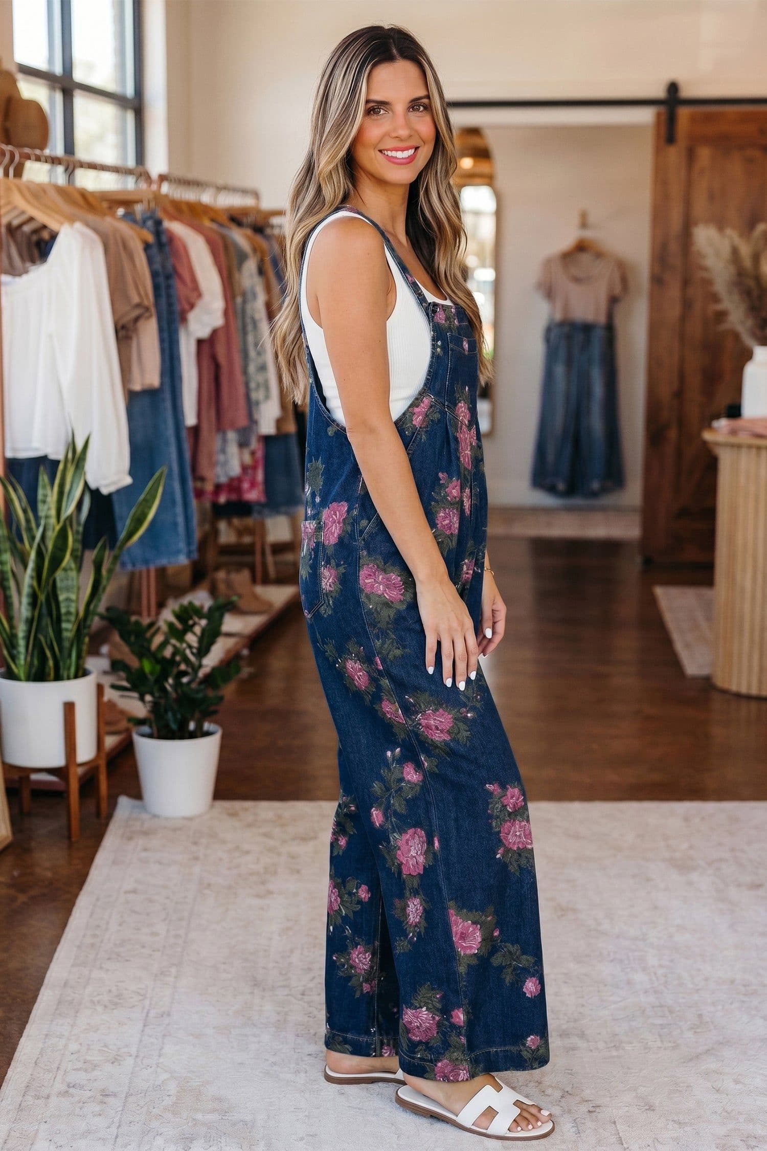 image-Beau Blue Floral Print Wide Leg Denim Jumpsuit Overalls