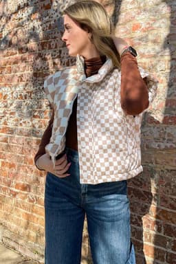 image-Khaki Contrast Plaid Quilted Button Zip Vest