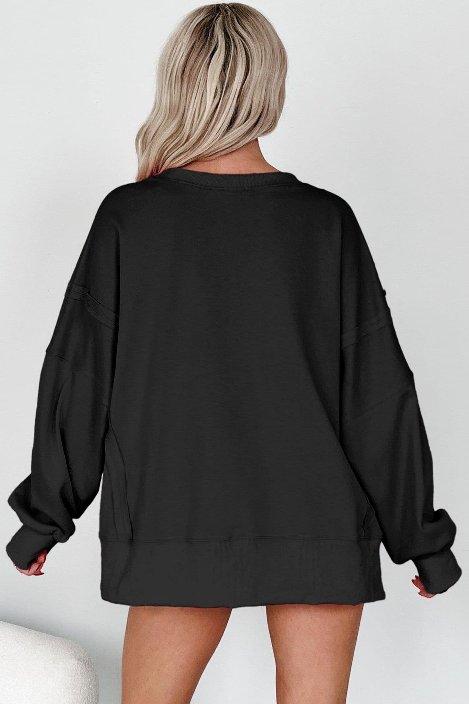 image-Black Bow Sequin XOXO Letter Graphic Exposed Seam Baggy Sweatshirt