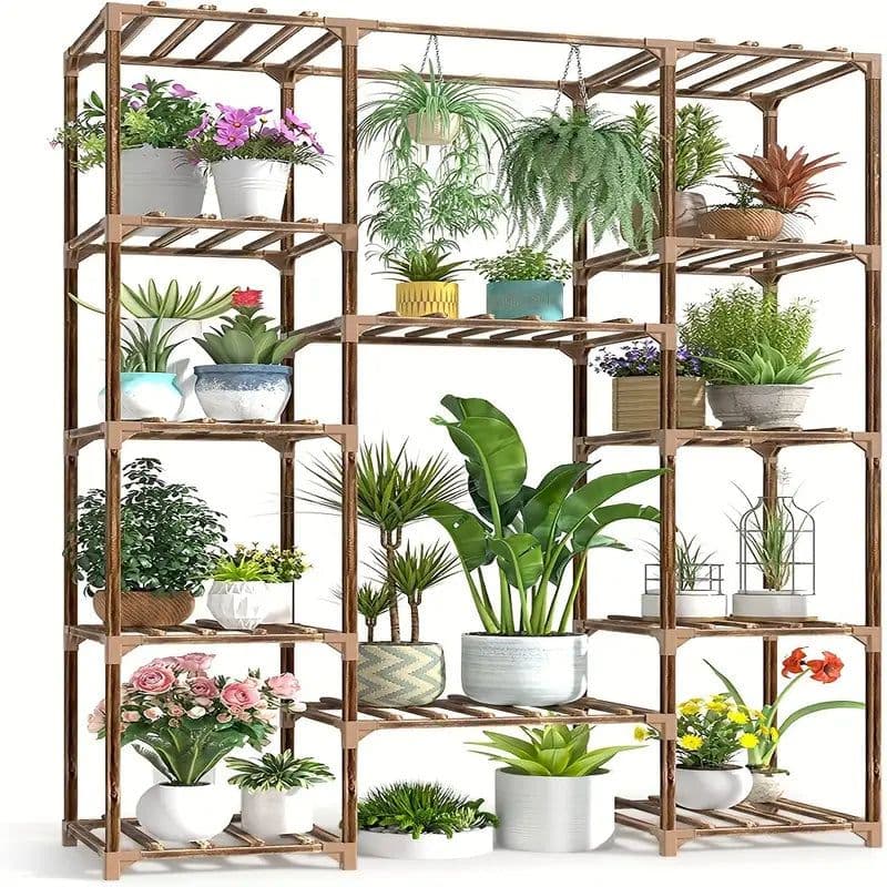 image-Multi-layer Wooden Plant Stand - 12 Tier Flower Pot Holder Rack