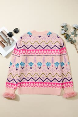 image-Multicolor Christmas Pattern Knit Sweater - Feather Cuff