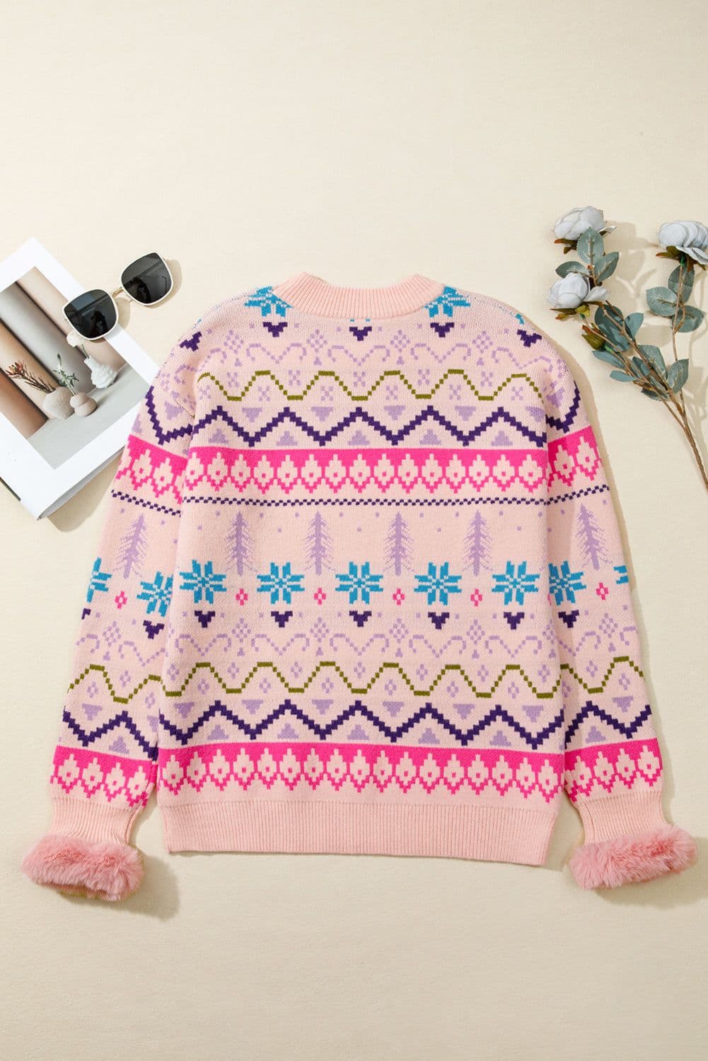 image-Multicolor Christmas Pattern Knit Sweater - Feather Cuff