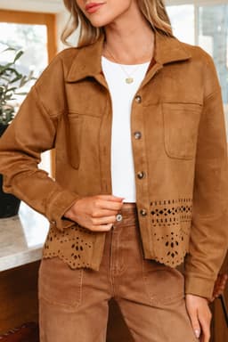 image-Thai Curry Faux Suede Jacket - Retro Hollowed Detail
