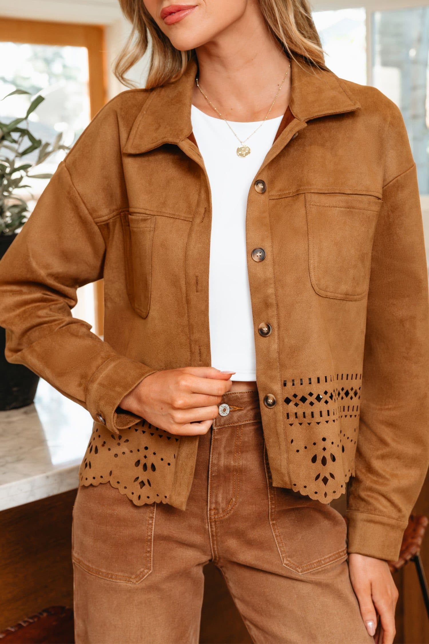image-Thai Curry Faux Suede Jacket - Retro Hollowed Detail