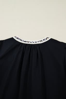 image-Black Leopard Trim Notched Neck Short Puff Sleeve Shift Mini Dress