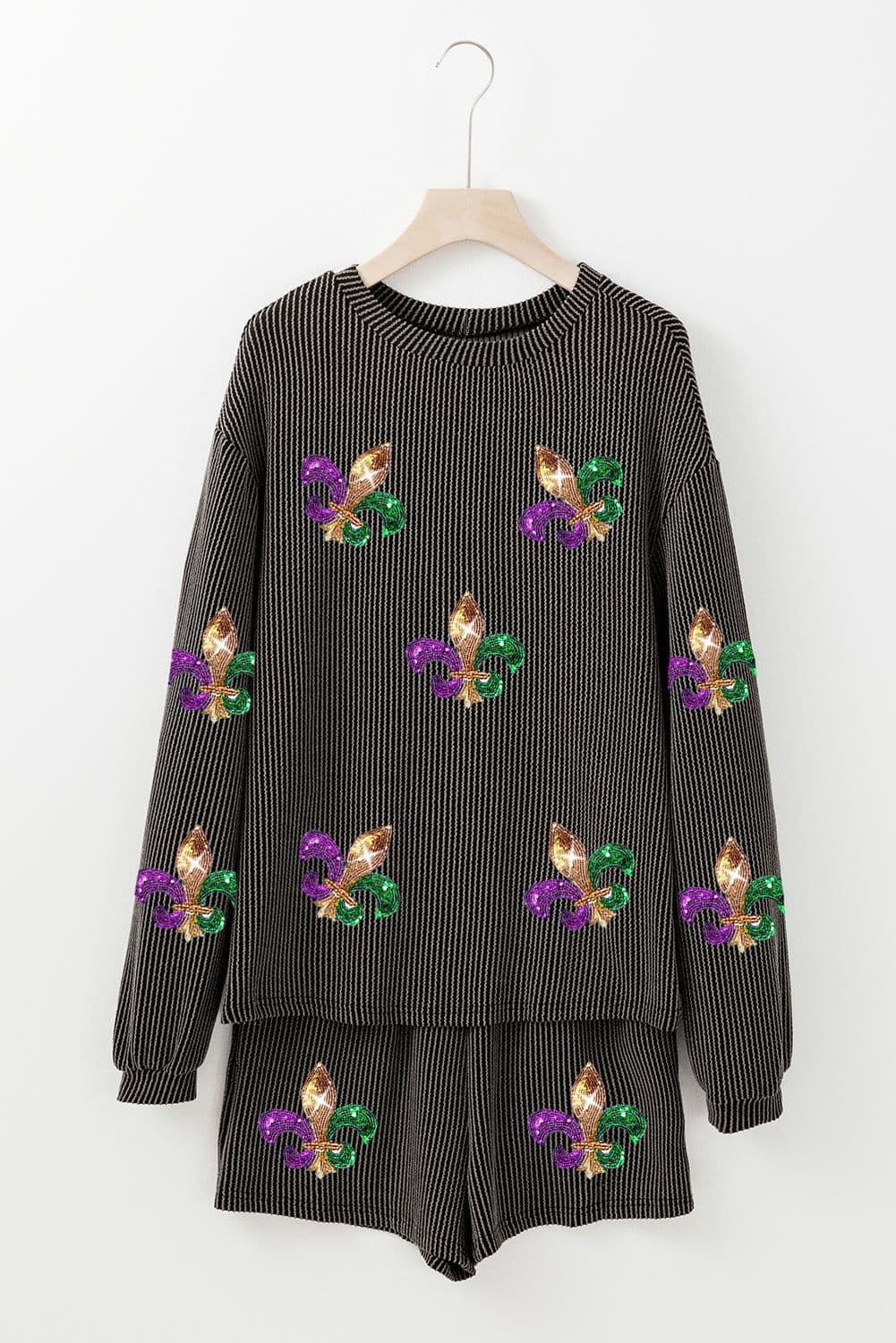image-Mardi Gras Patched Long Sleeve Top & Shorts - Carbon Grey - Festive Fleur de Lis Design