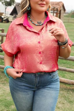 image-Rose Red Plus Size Metallic Sheen Button Up Shirt