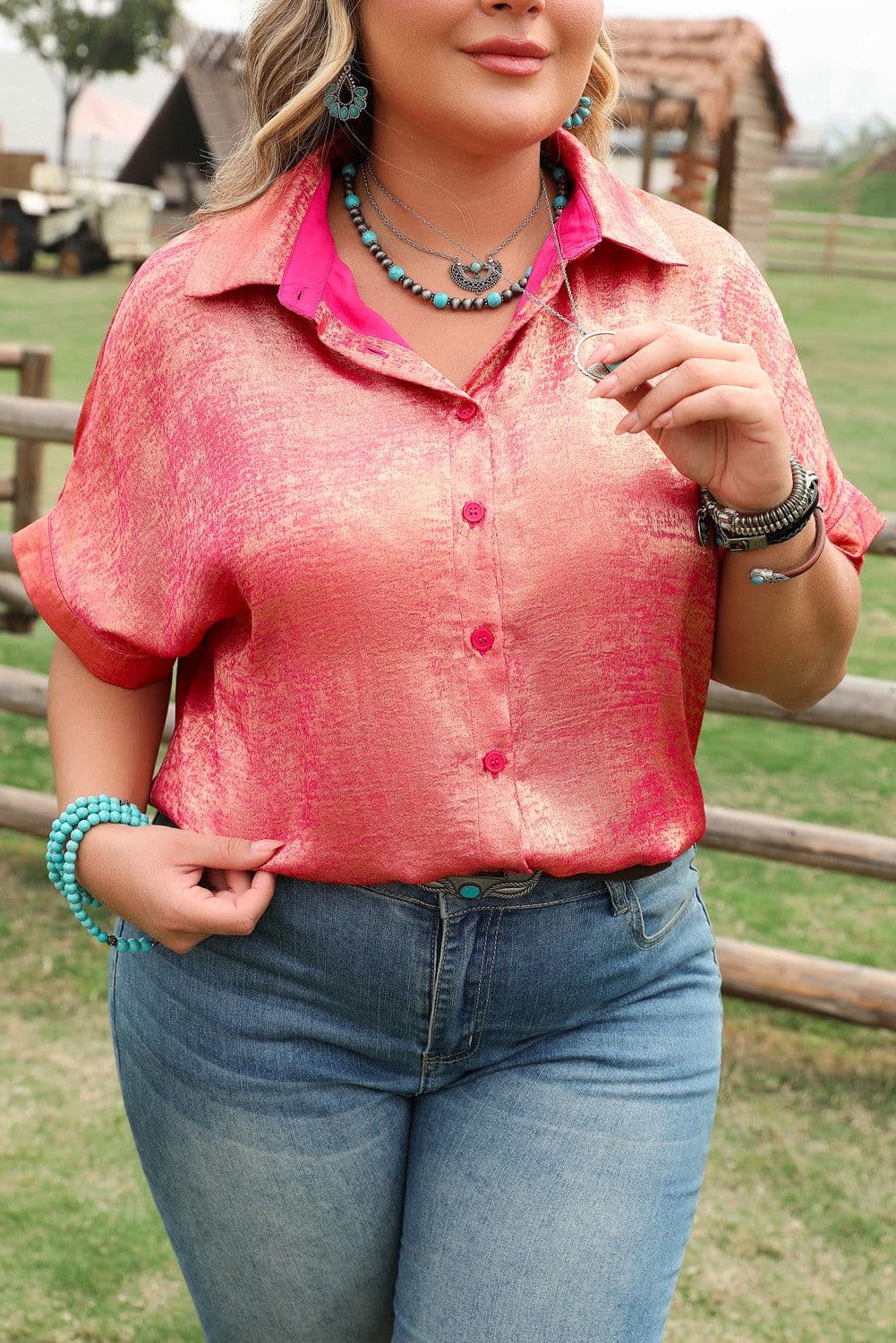 image-Rose Red Plus Size Metallic Sheen Button Up Shirt
