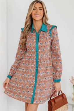 image-Orange Boho Floral Contrast Collared Shirt Dress