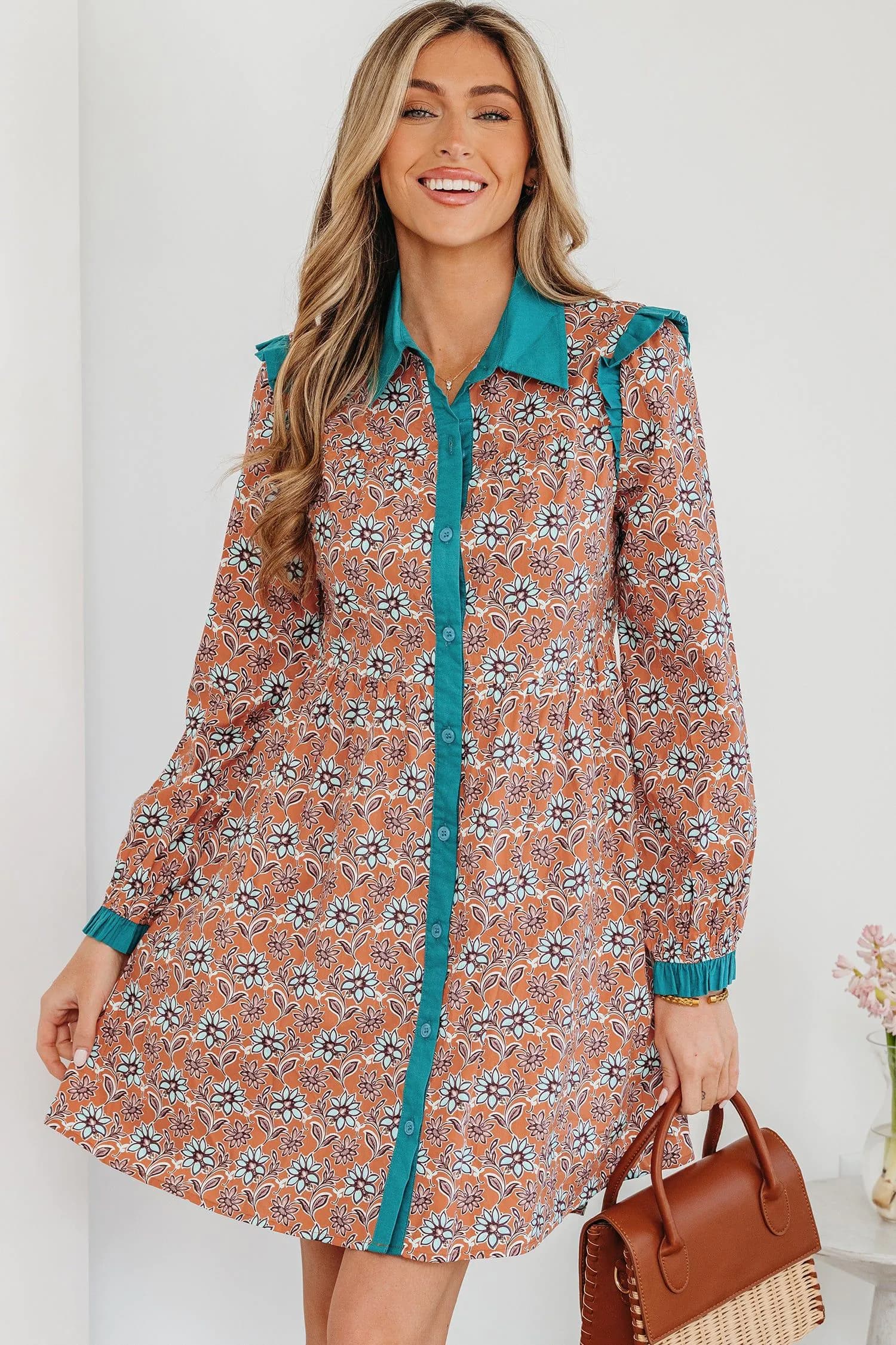 image-Orange Boho Floral Contrast Collared Shirt Dress
